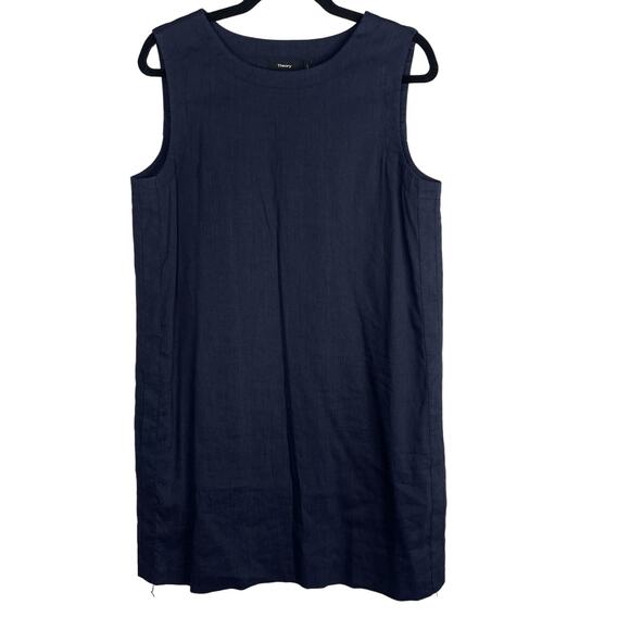 Theory 10 Navy Blue Didianne Linen Sleeveless Shift Dress Straight Cut Pockets - Picture 1 of 9